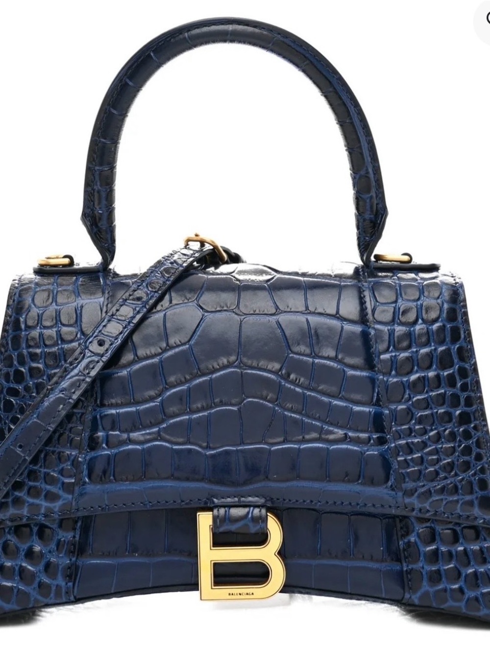BALENCIAGA Shiny Calfskin Crocodile Embossed Small Hourglass Top Handle Bag Navy - Picture 2 of 4